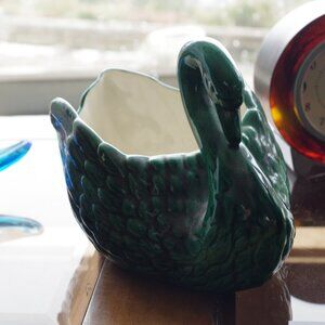 Vintage Green Ceramic Swan Planter